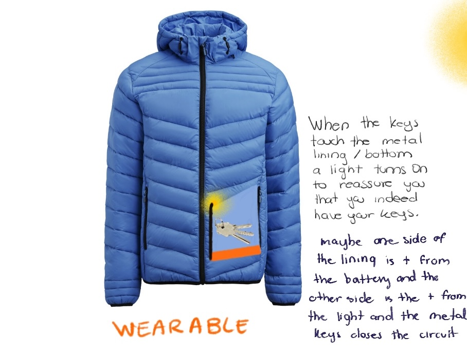 This jacket serves as a reminder and reassurance that you have your keys in your pocket because a light turns on if there is metal in your pocket. This is not the most effective because there could be a false positive if a coin closes the circuit instead of keys. This could be helpful for people that tend to forget their keys.